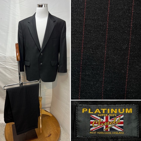 Platinum Vtg Custom Clissold 45S Blazer 37x27 Pant Charcoal Red Pinstripe Suit